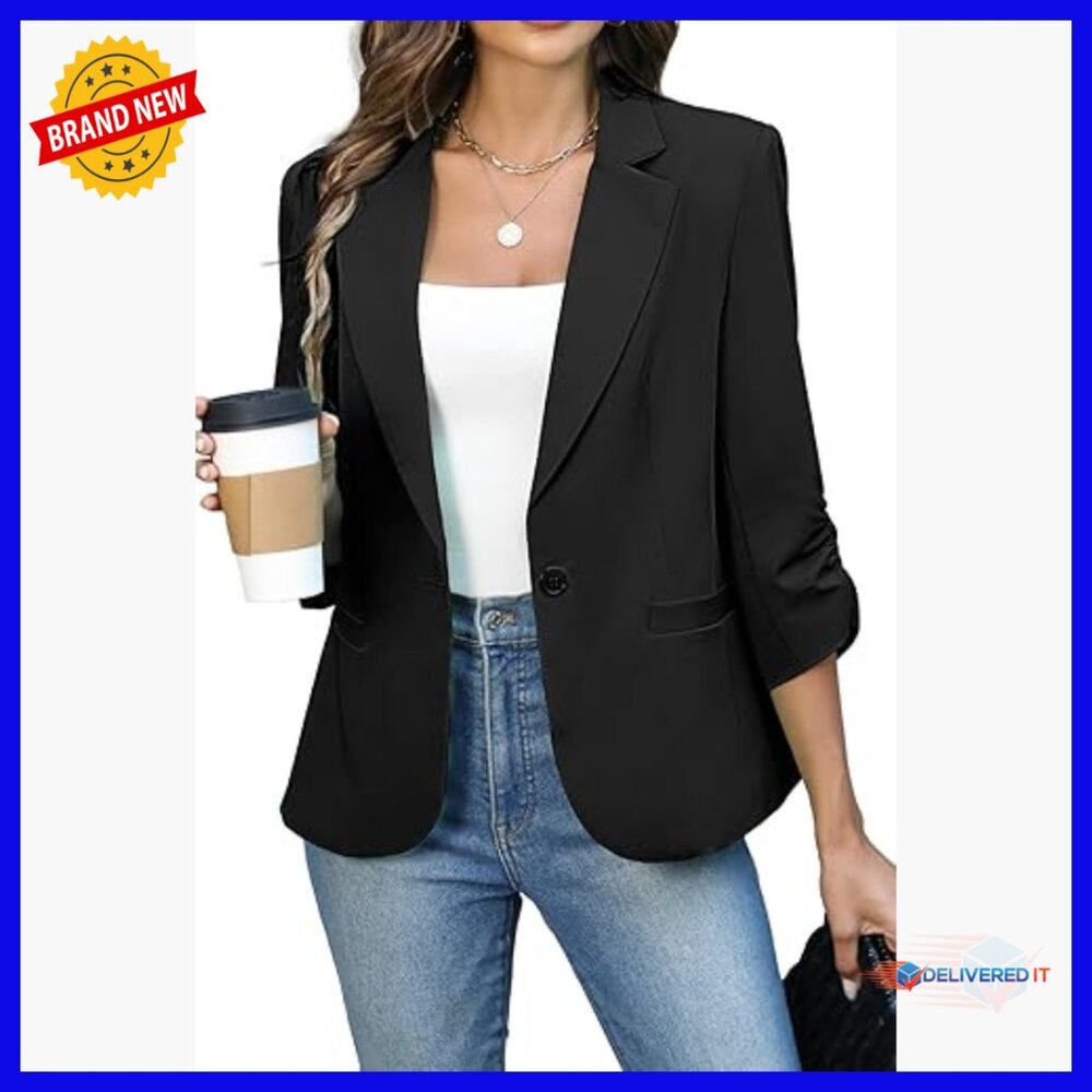 Slim Fit Blazer with Padded Shoulders, 3/4 Sleeves, Business Casual